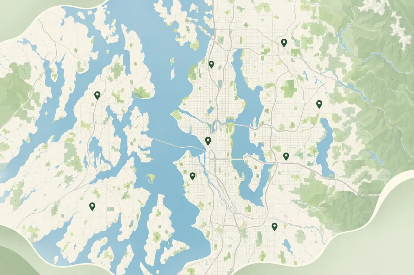 Illustrated map of Seattle and Puget Sound
