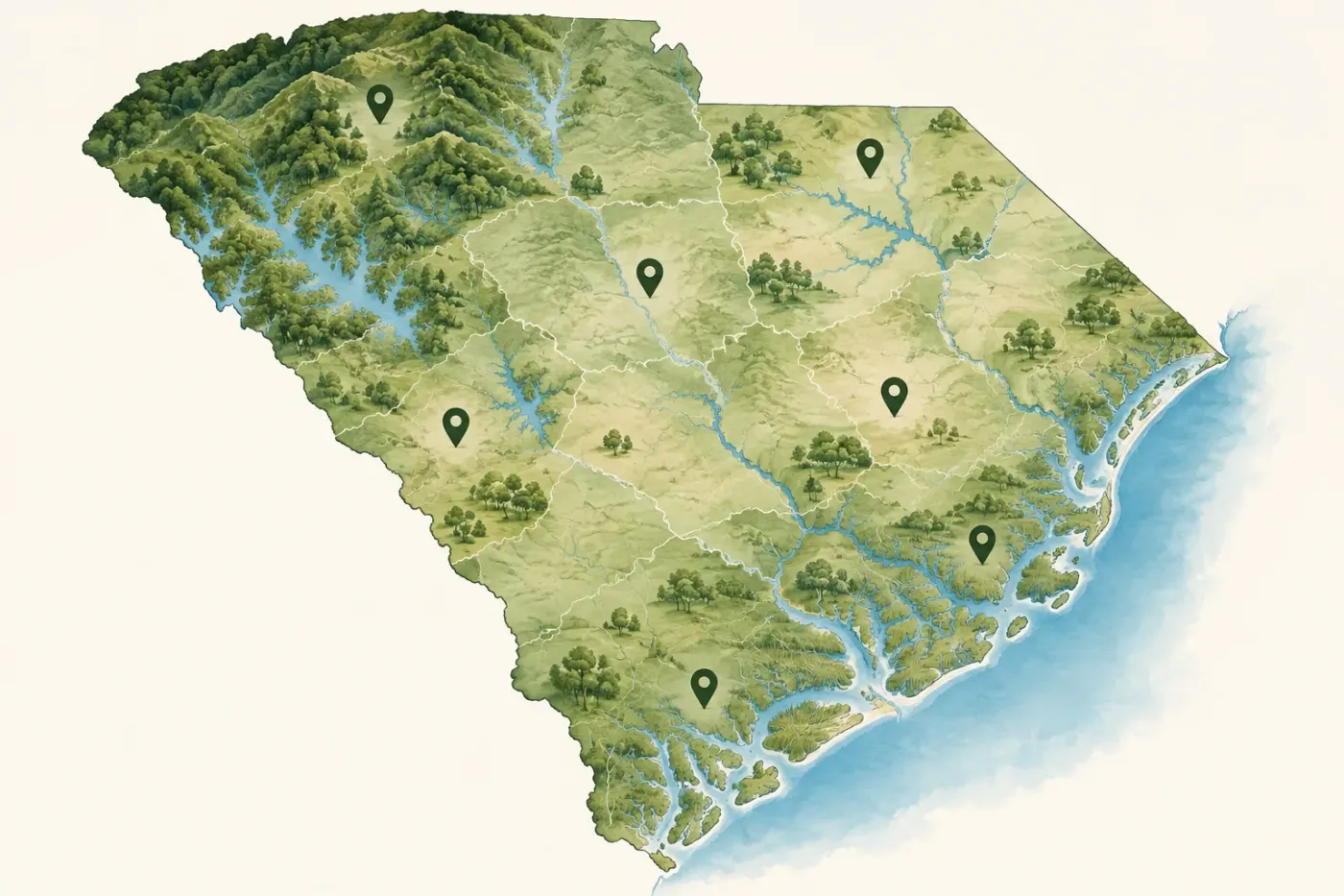 Illustrated map of South Carolina and its regions
