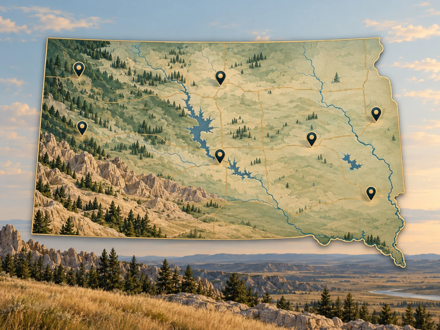 Illustrated map of South Dakota and its regions