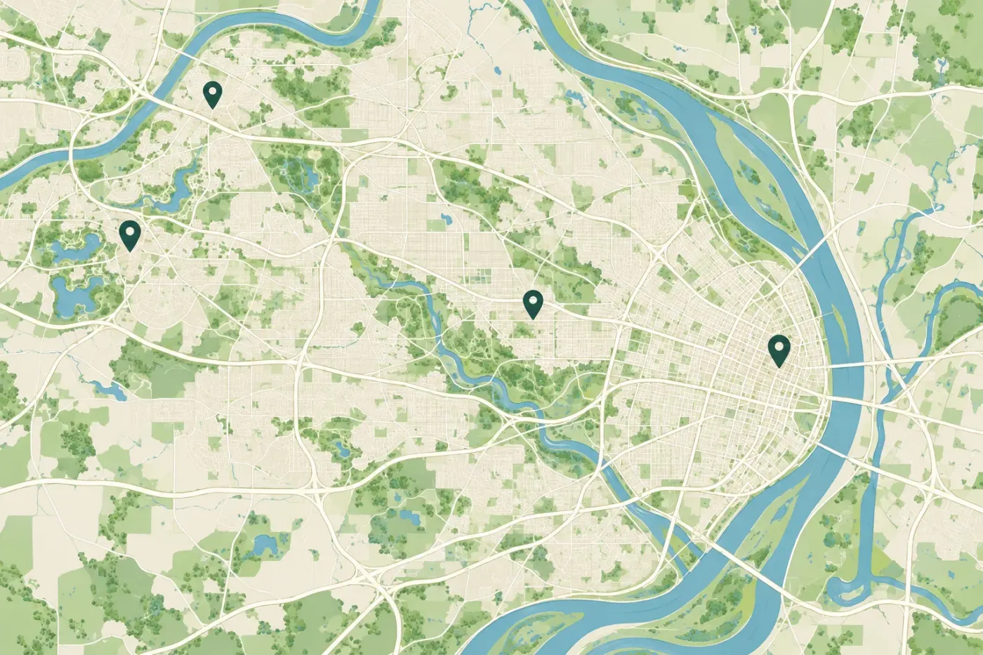 Illustrated map of St. Louis and the Mississippi River