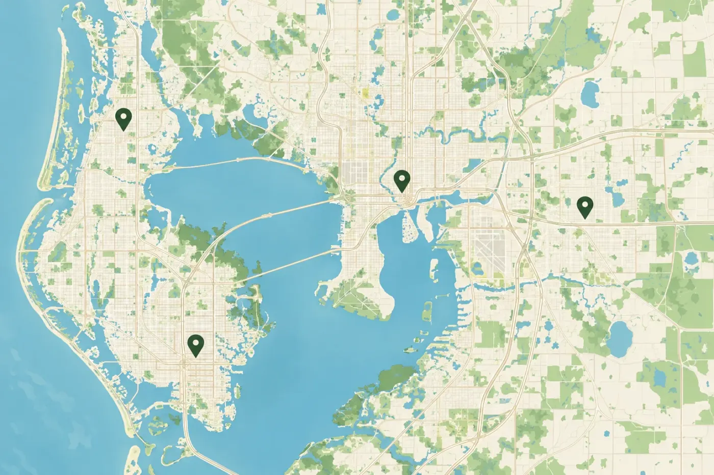 Illustrated map of Tampa Bay and nearby areas