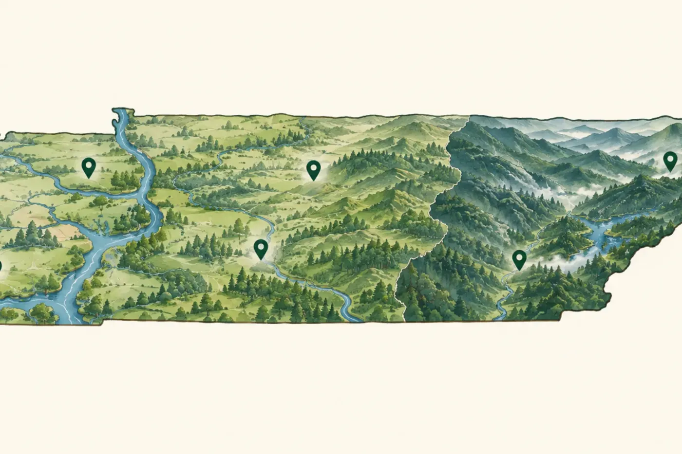 Illustrated map of Tennessee and its regions