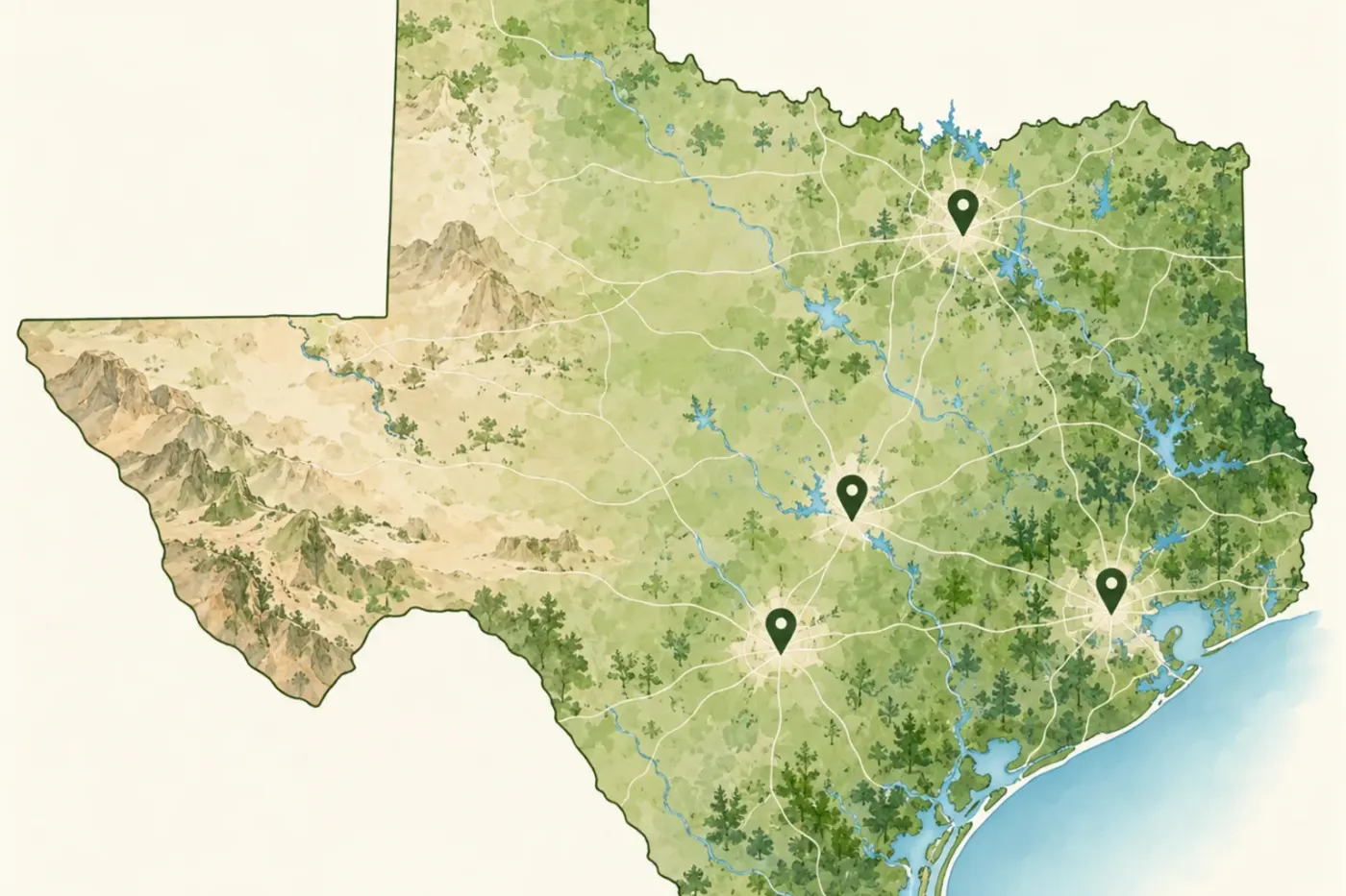 Illustrated map of Texas and its regions
