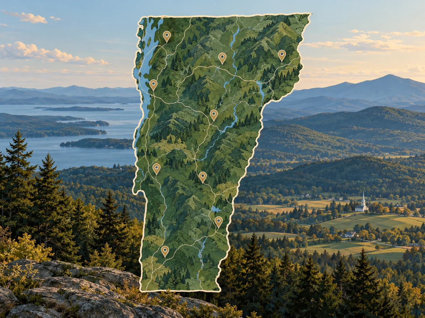 Illustrated map of Vermont and its mountains
