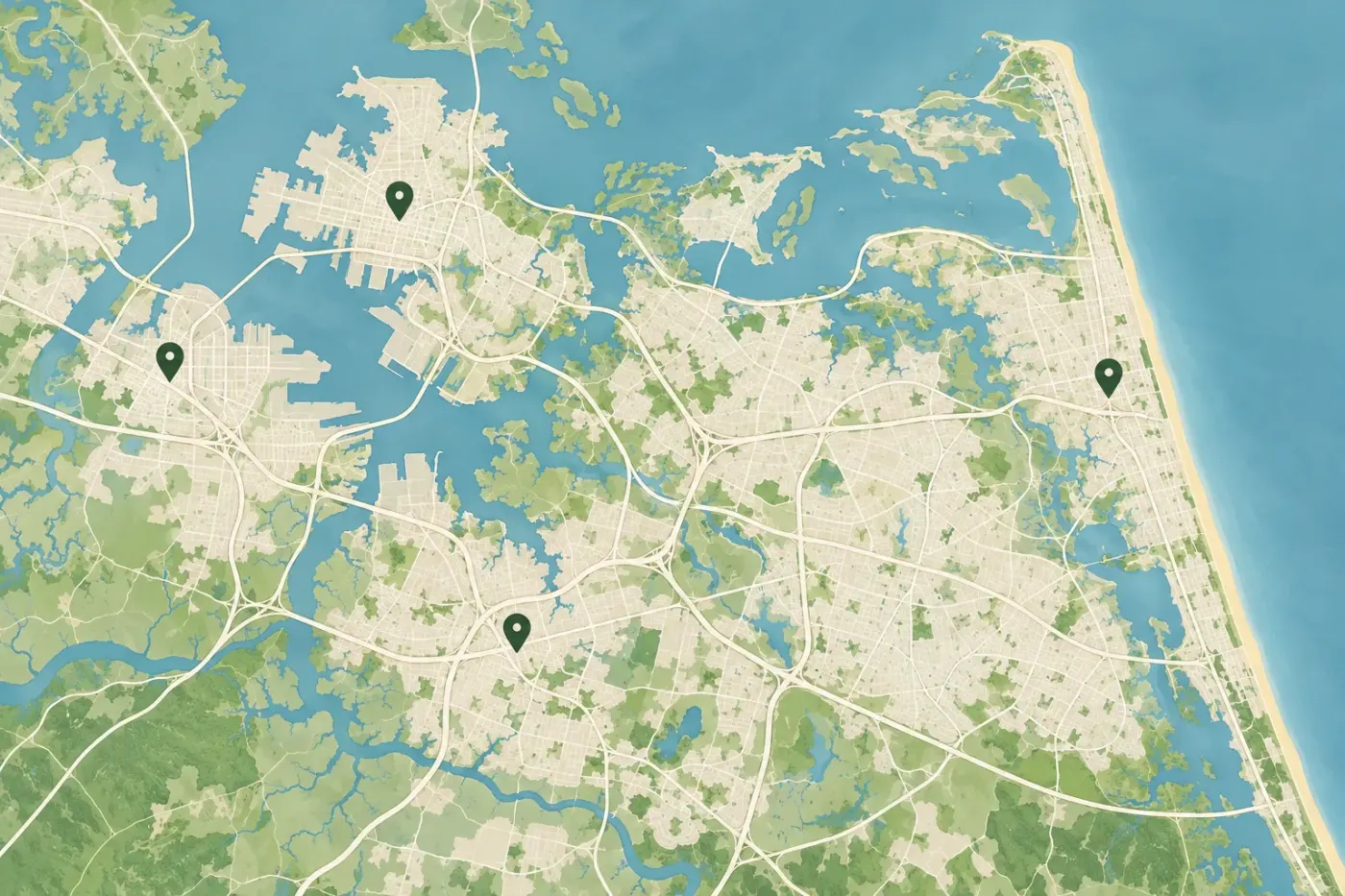 Illustrated map of Virginia Beach and Hampton Roads