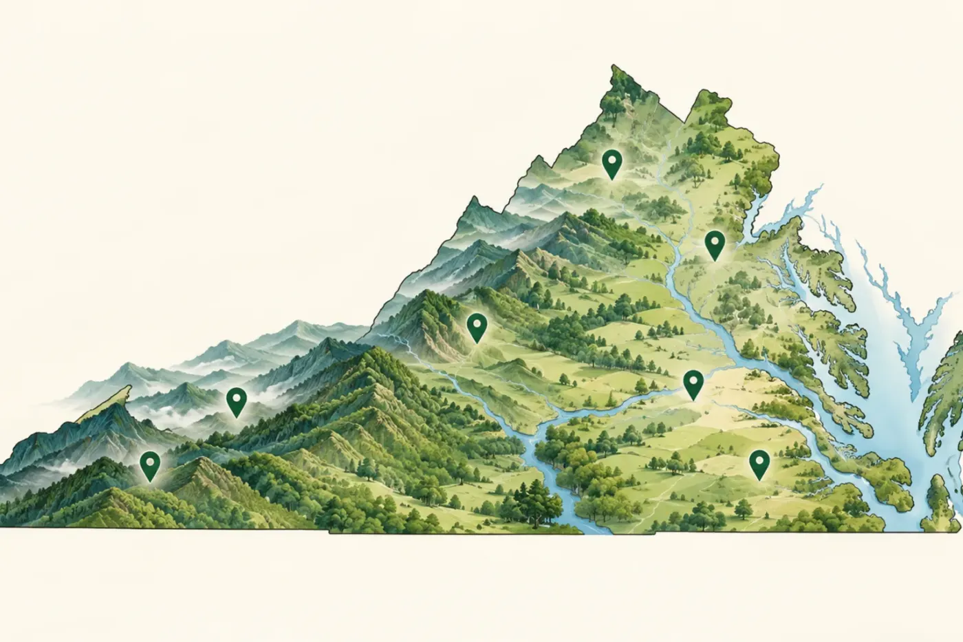 Illustrated map of Virginia and its regions