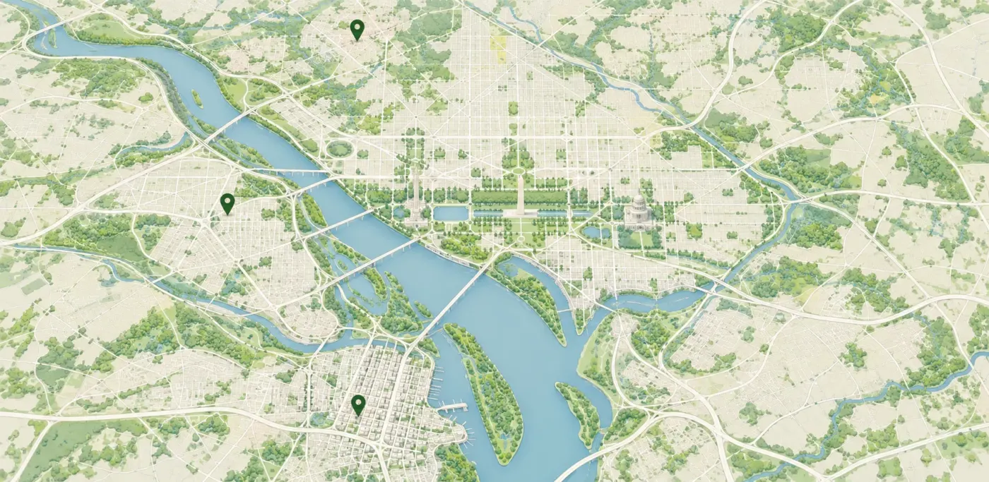 Illustrated map of Washington, D.C. and nearby areas