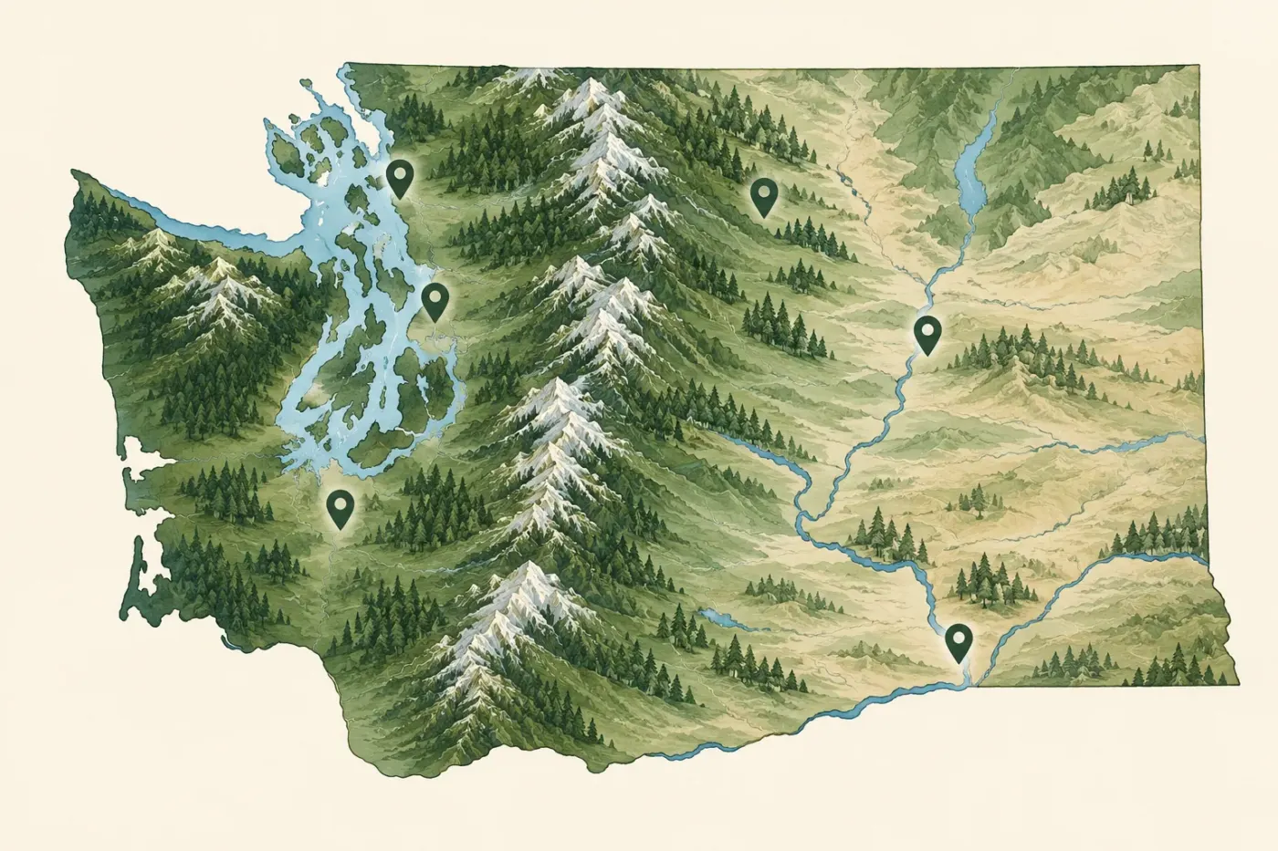 Illustrated map of Washington State and its regions