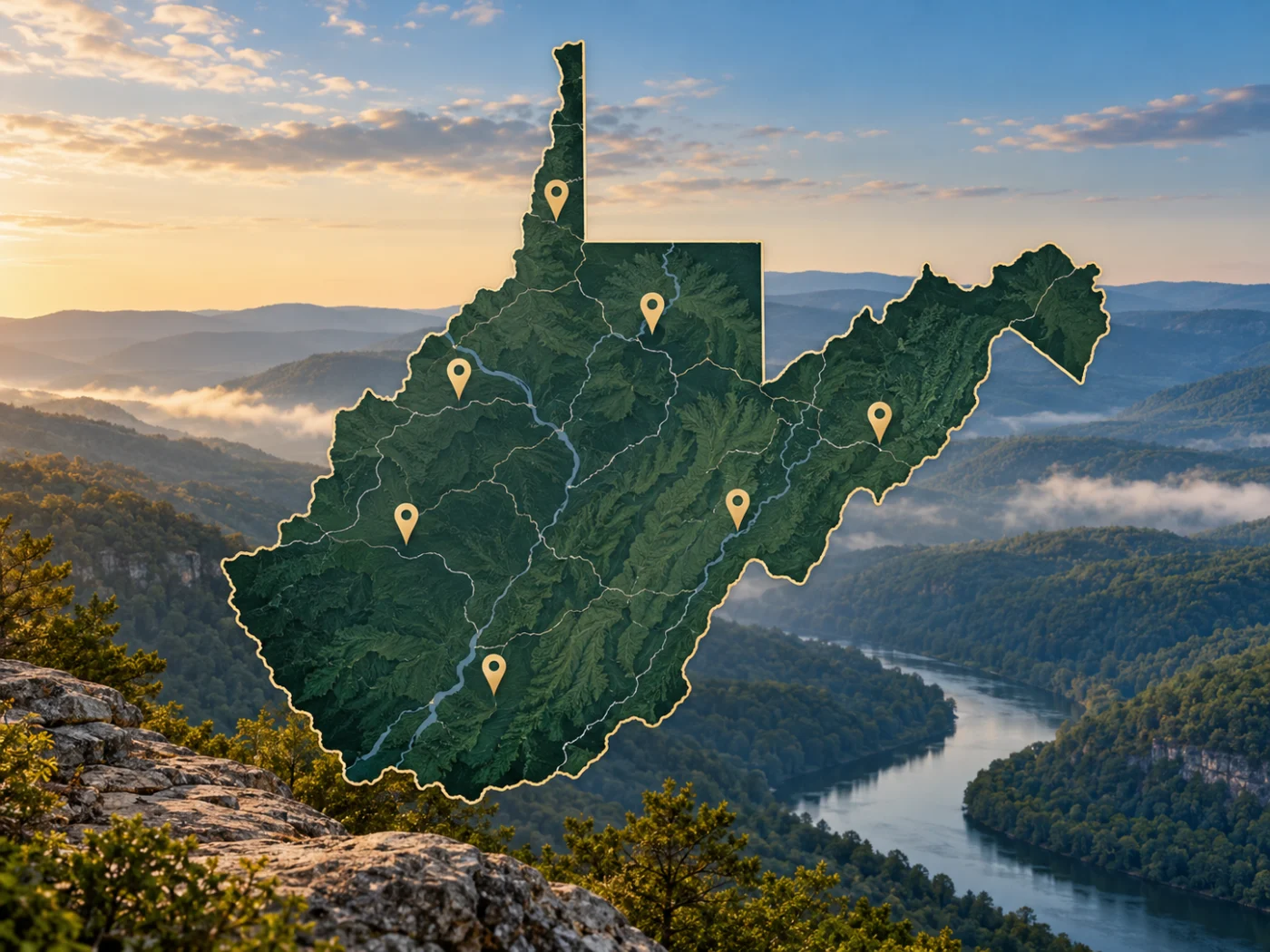 Illustrated map of West Virginia and its rivers