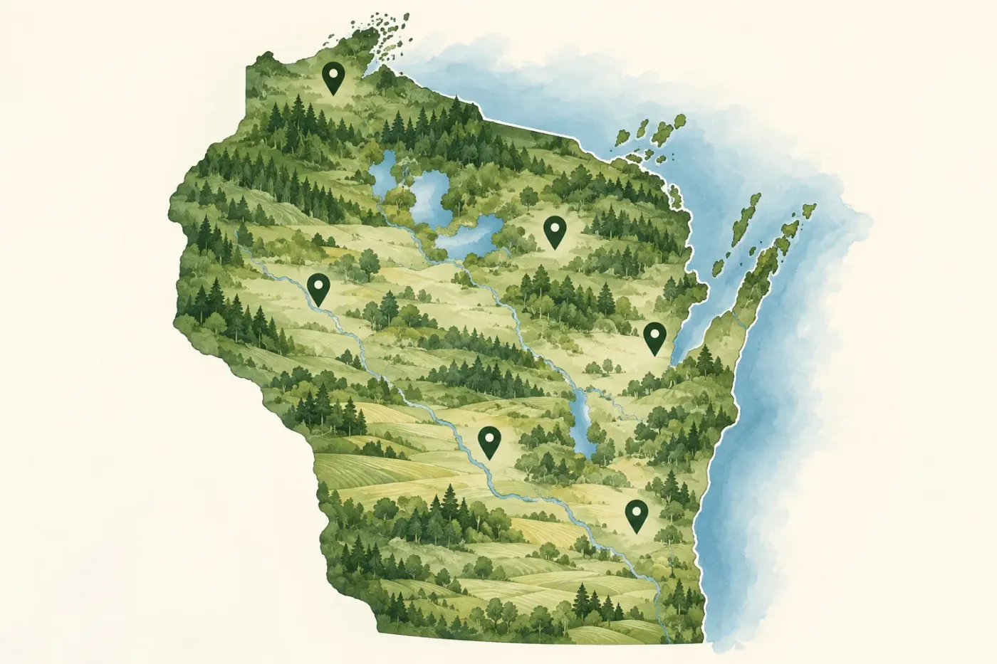 Illustrated map of Wisconsin and its regions