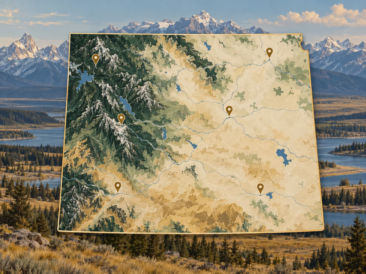 Illustrated map of Wyoming and its ranges