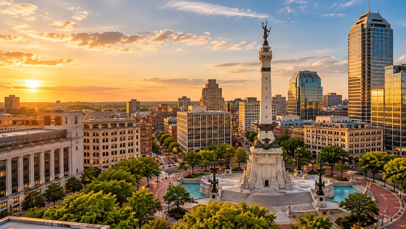 Indianapolis monument and skyline at sunset, where DevSolutionsAI provides AI services in Indiana