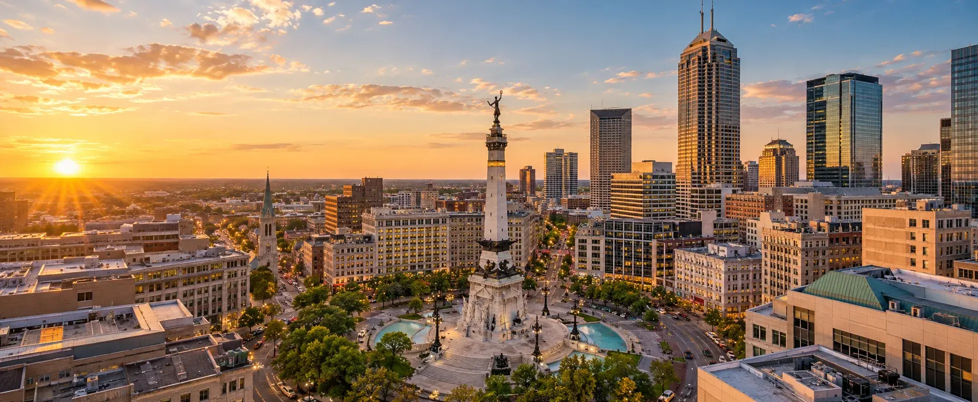 Indianapolis skyline and Monument Circle at sunset, where DevSolutionsAI provides AI services in Indianapolis