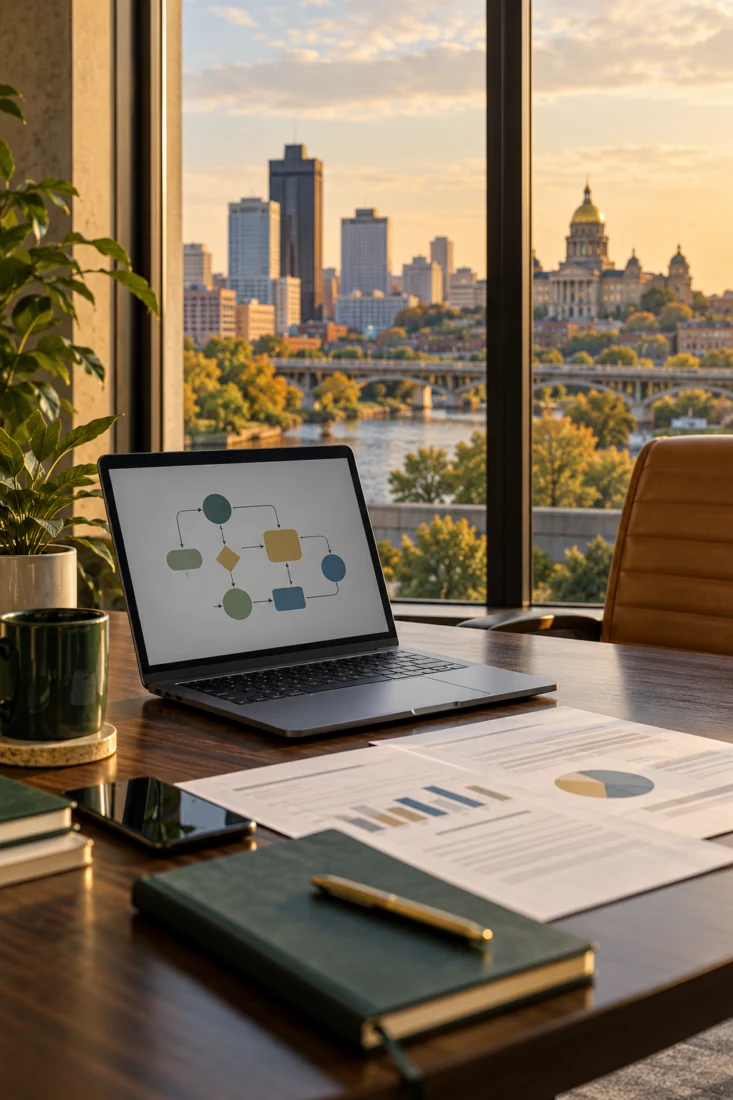 Laptop on a desk with a Des Moines view