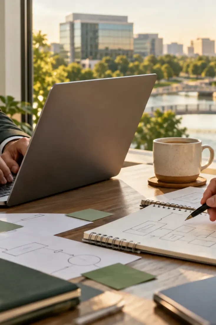 Laptop on a desk overlooking Las Colinas