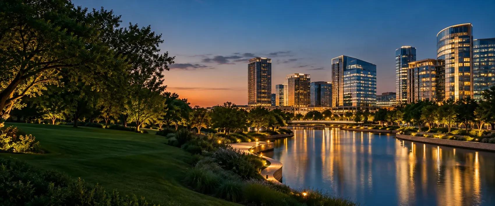 Irving skyline at dusk over the lake