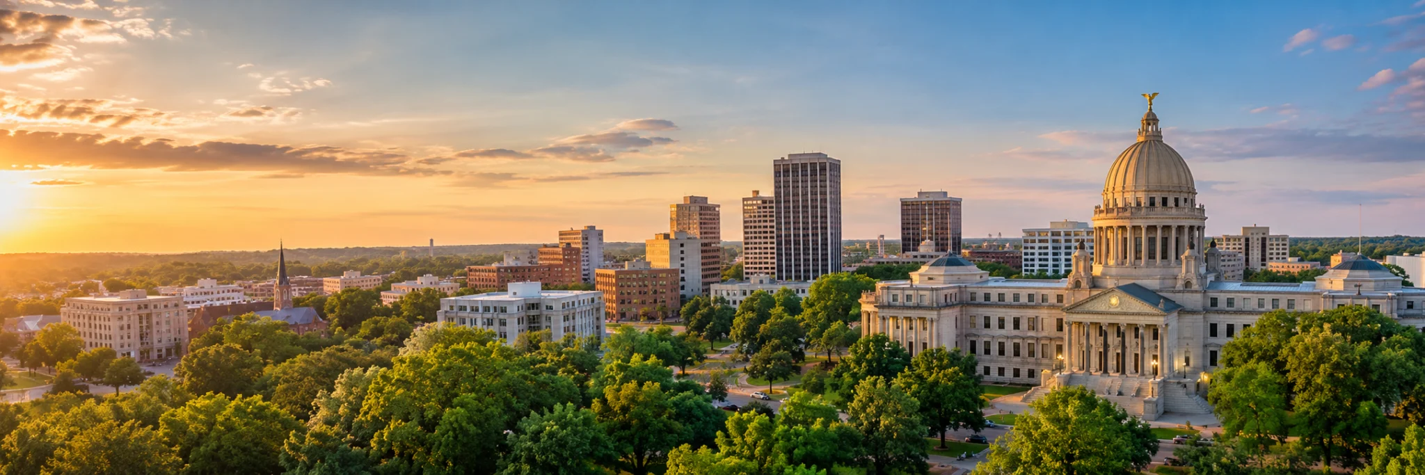 Jackson skyline and Mississippi State Capitol at sunrise, where DevSolutionsAI provides AI services in Mississippi