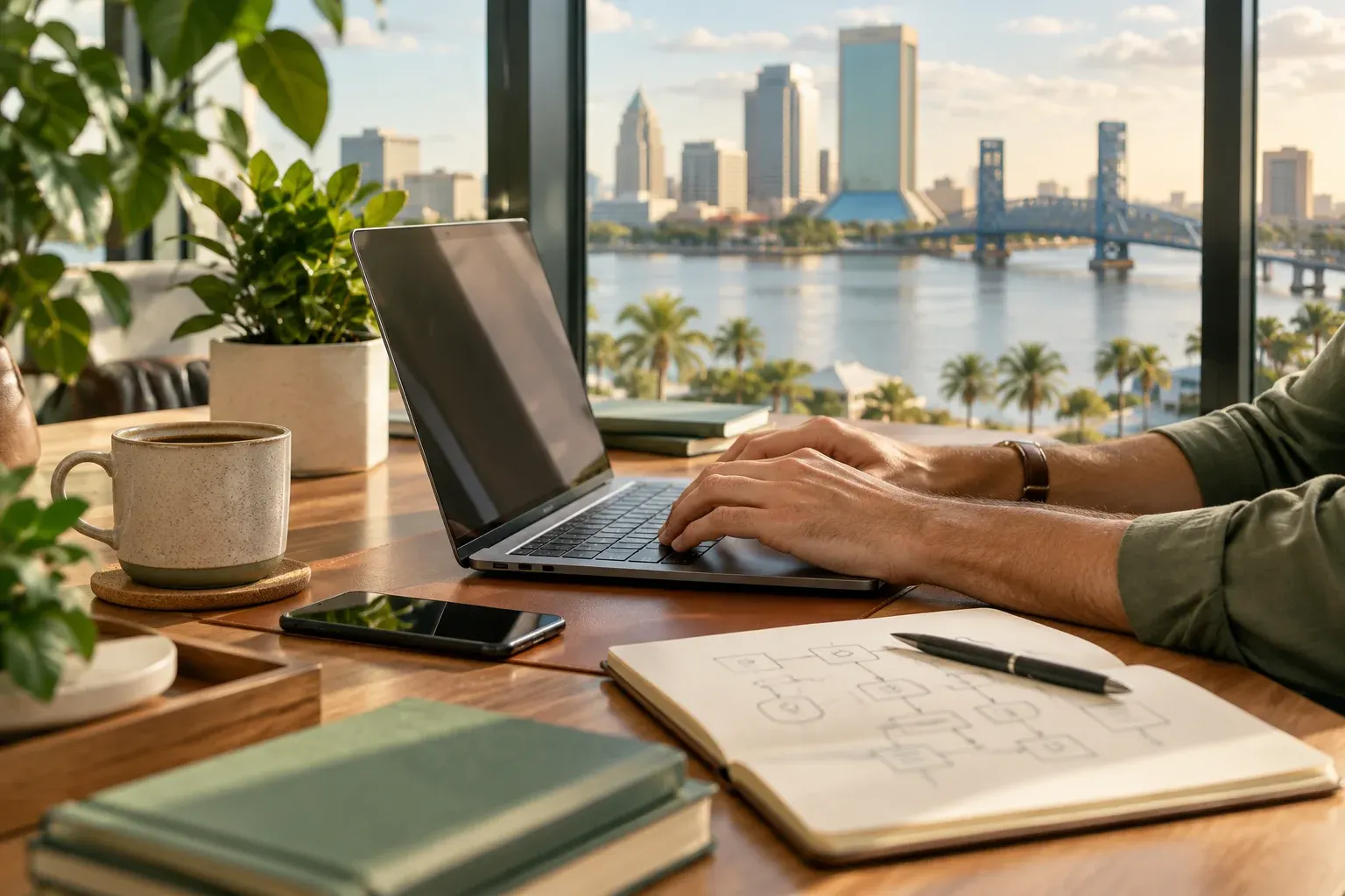 Laptop on a desk overlooking the St. Johns River