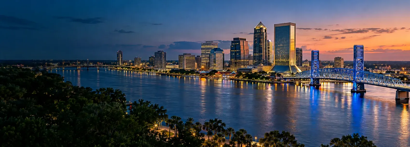 Jacksonville skyline at night along the river