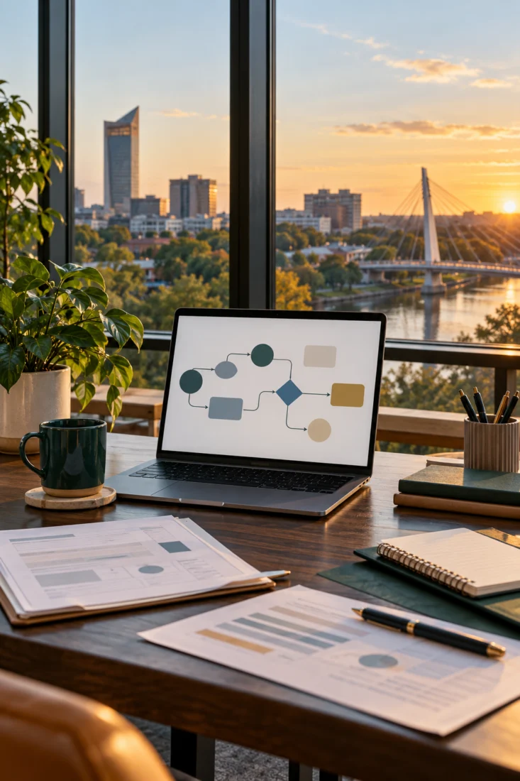 Laptop on a desk with a Wichita river view