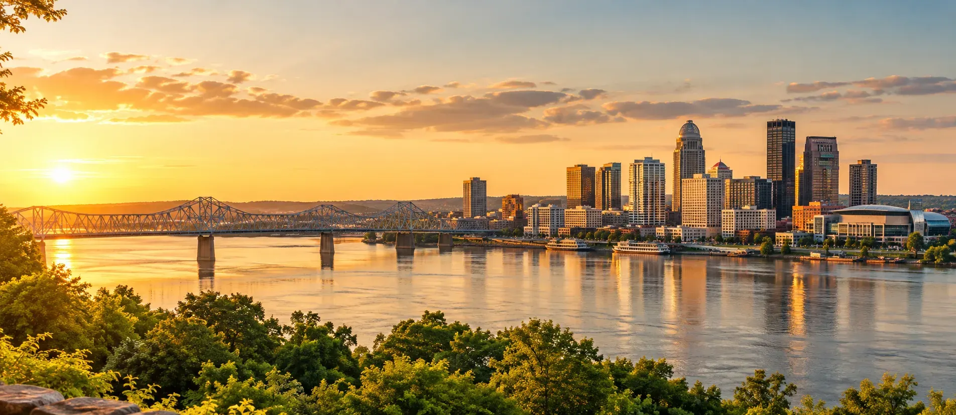 Louisville skyline on the Ohio River at sunset, where DevSolutionsAI provides AI services in Kentucky