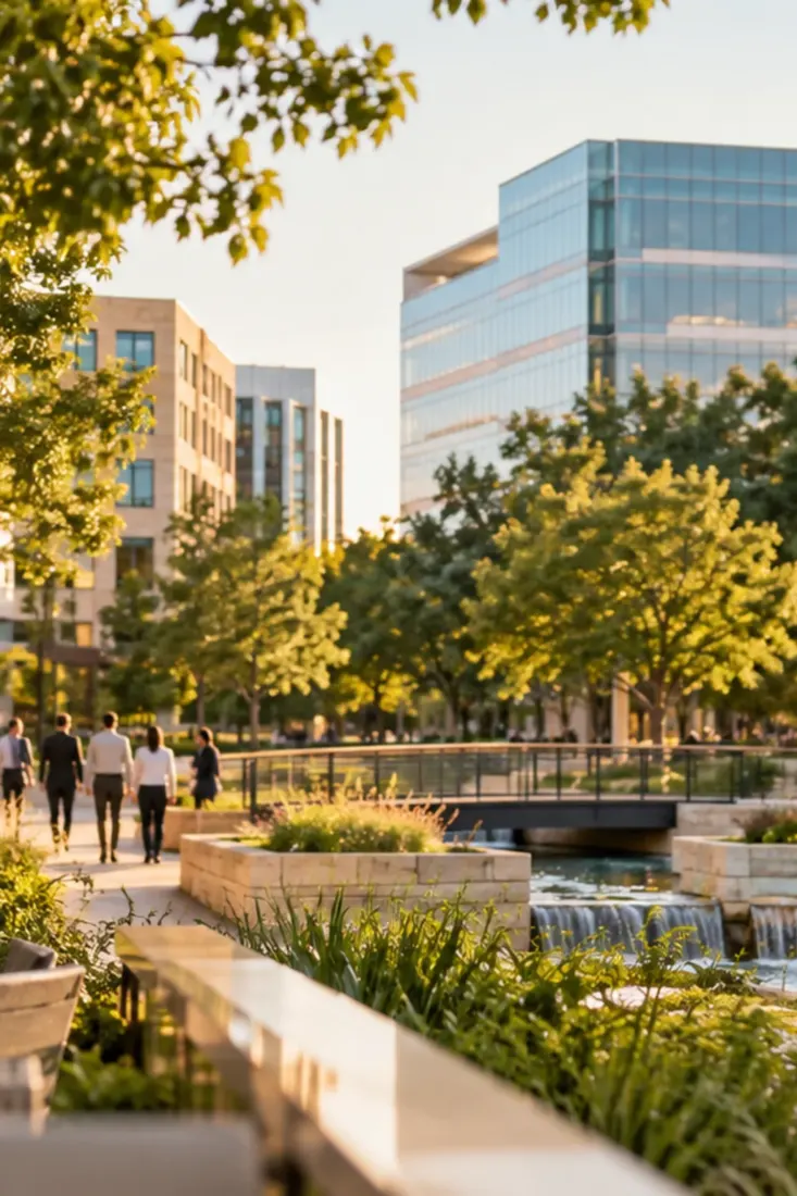 Landscaped walkway between Plano office towers