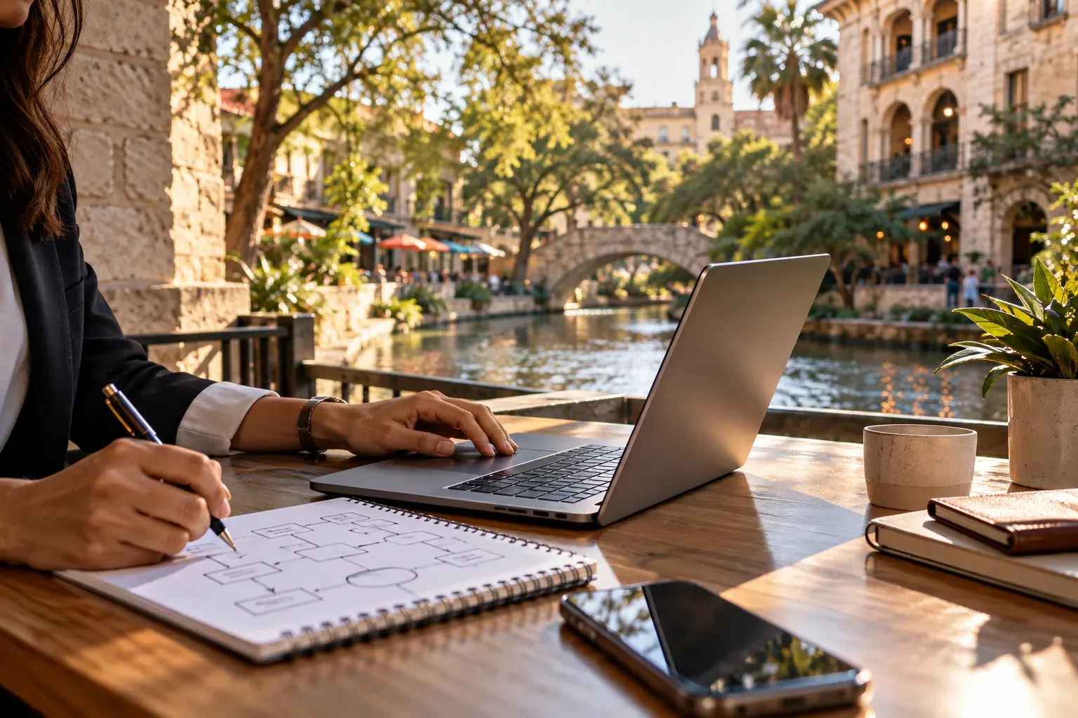 Laptop on a desk beside the San Antonio River Walk