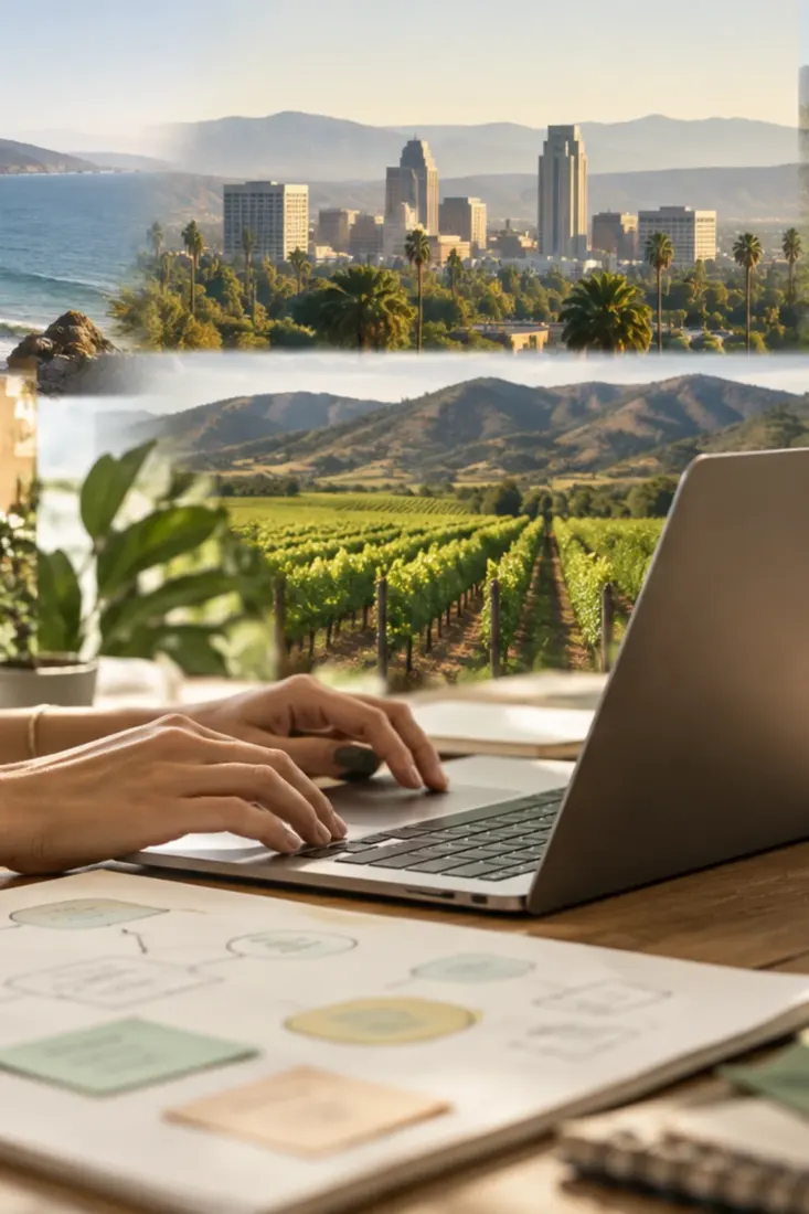 Laptop on a desk with California vineyards in view