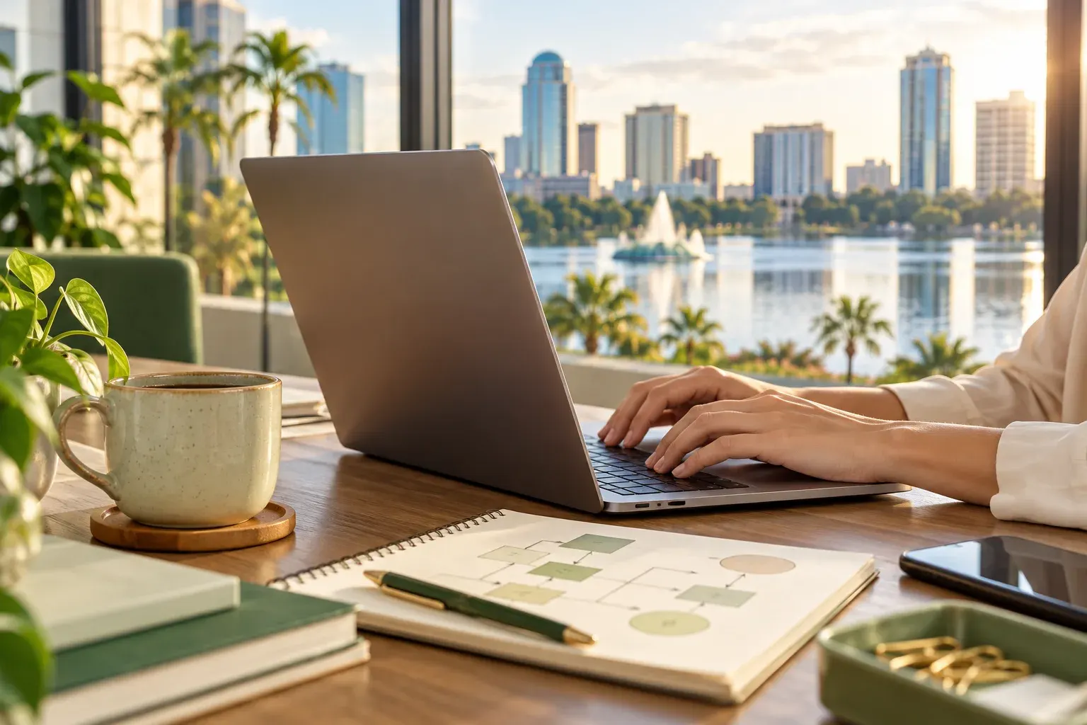 Laptop on a desk with a view of downtown Orlando