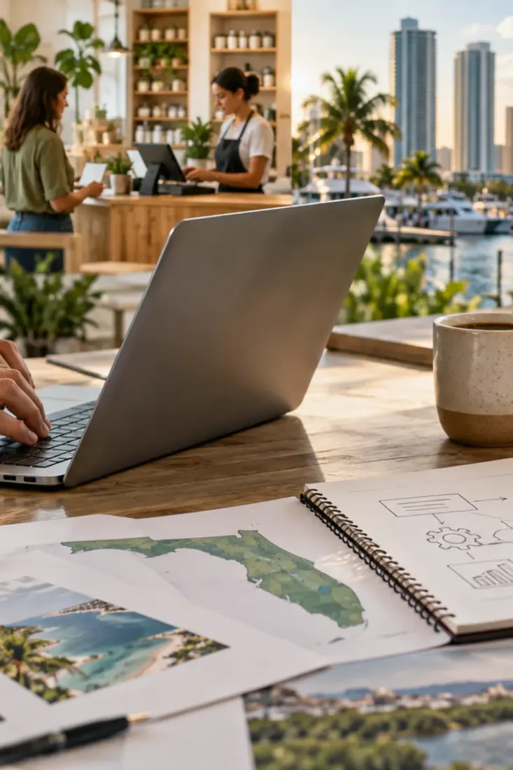 Laptop on a desk with a Florida waterfront view