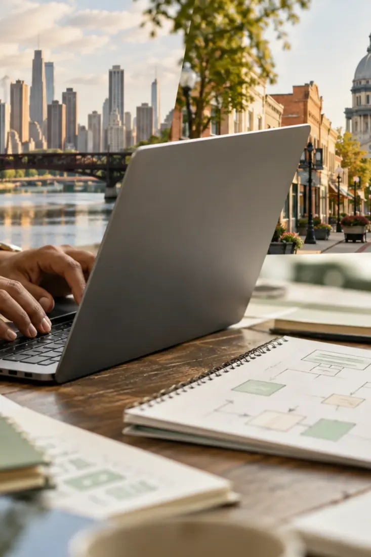 Laptop on a desk with an Illinois city view
