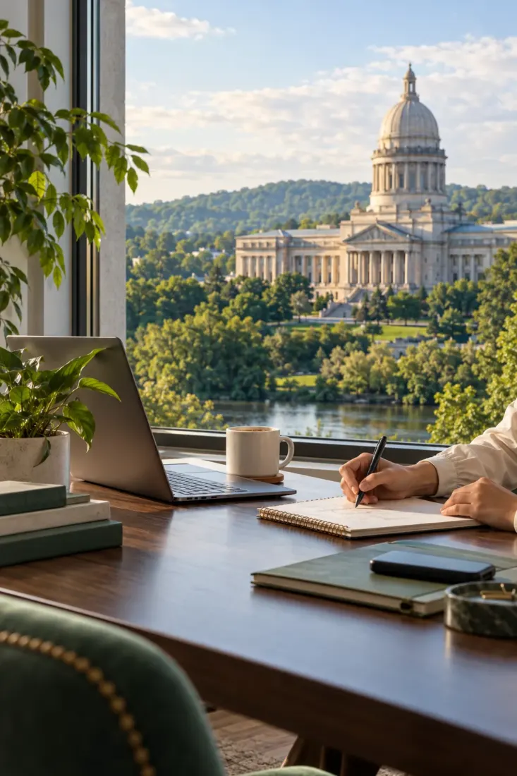 Laptop on a desk with the Kentucky Capitol in view