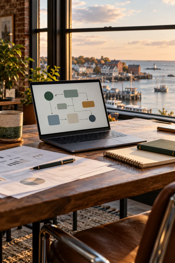 Laptop on a desk with a Maine harbor view