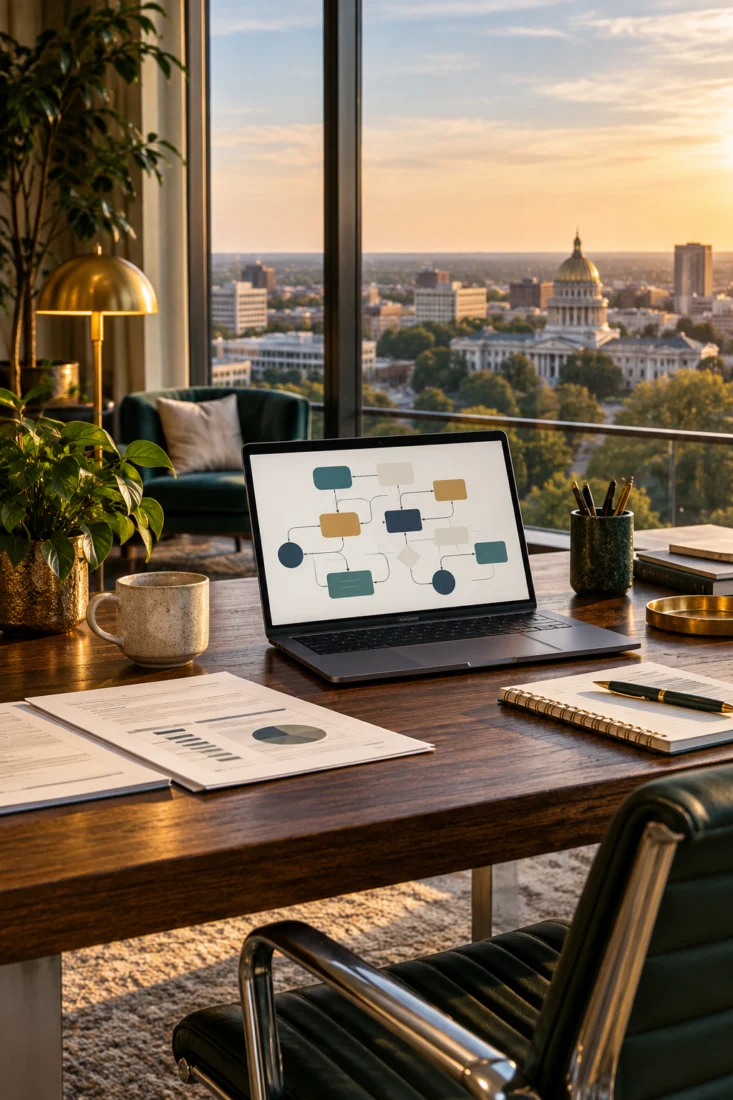 Laptop on a desk with a Mississippi capitol view