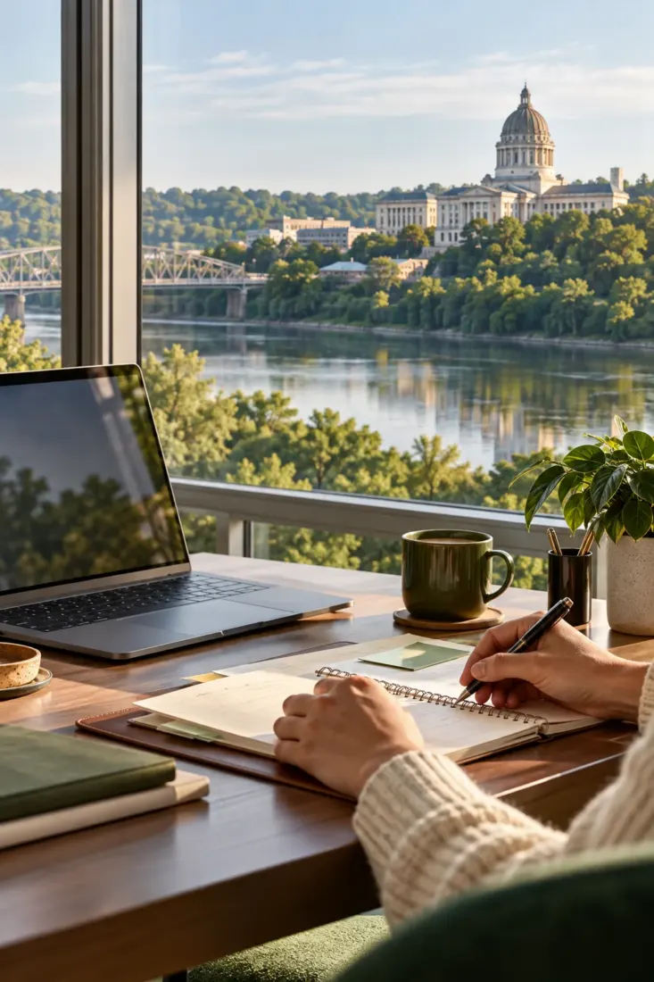 Laptop on a desk with a Missouri capitol dome in view