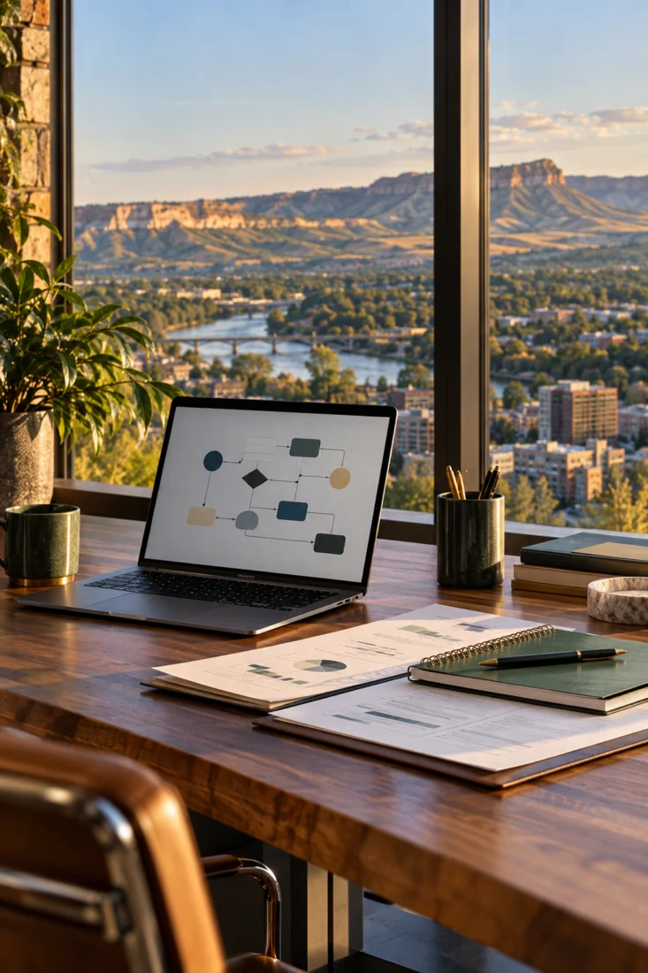 Laptop on a desk with a Montana rimrock view