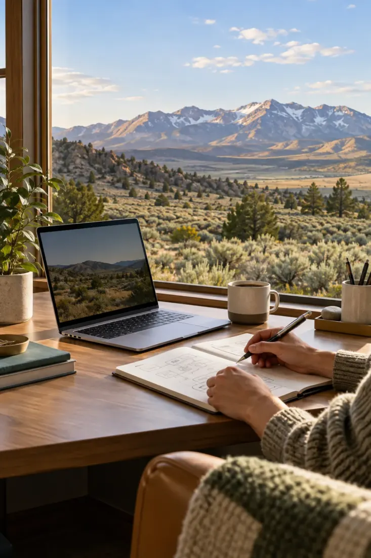 Laptop on a desk with Nevada mountains in view