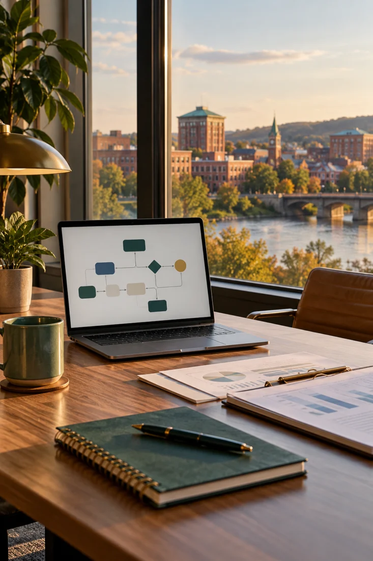 Laptop on a desk with a New Hampshire mill view