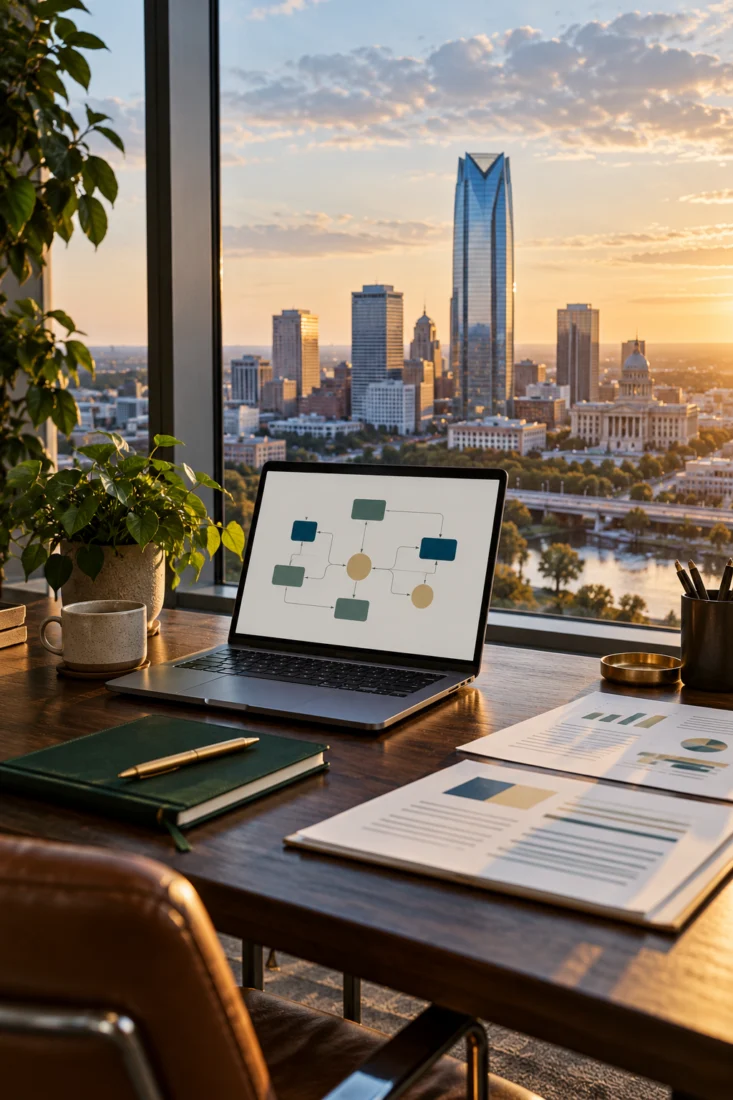 Laptop on a desk with an Oklahoma City skyline view