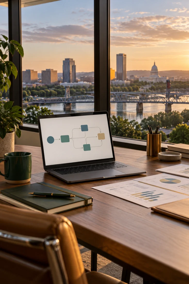 Laptop on a desk overlooking the Arkansas River