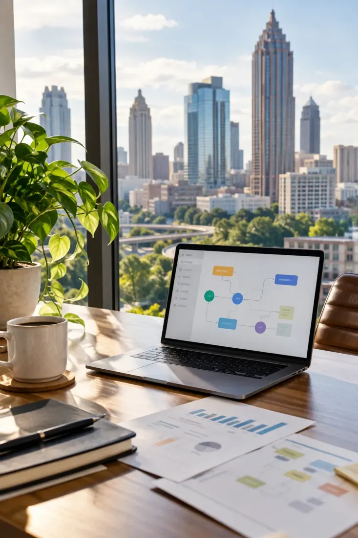 Laptop on a desk overlooking the Atlanta skyline