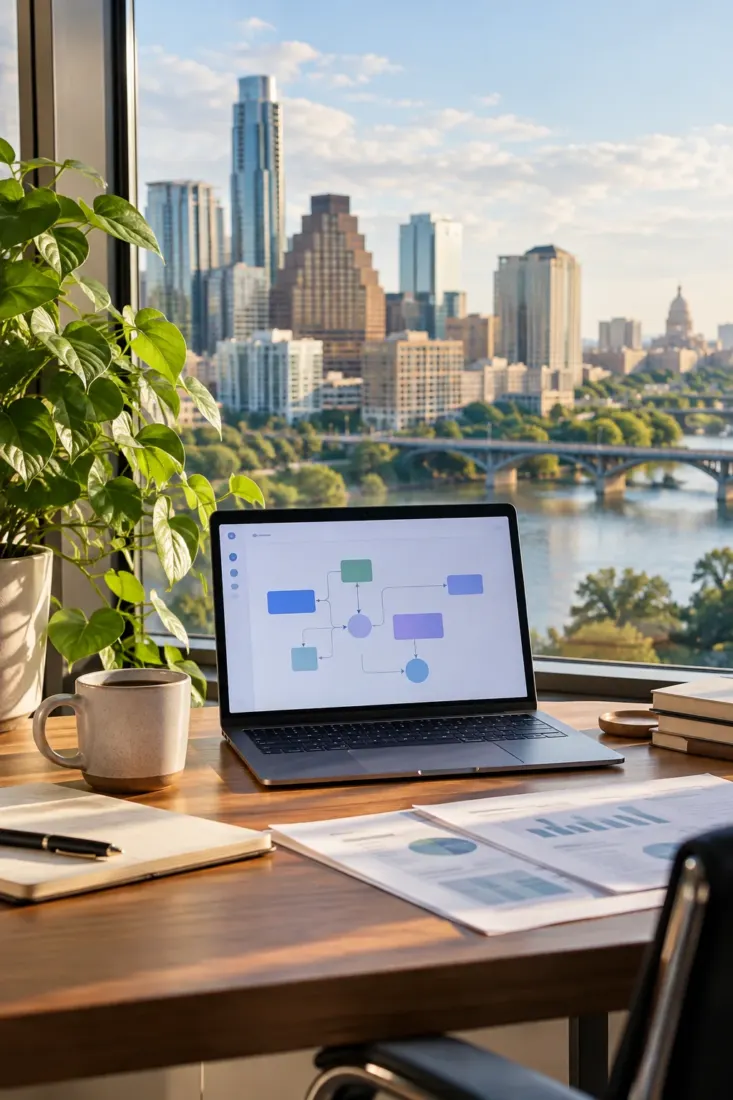 Laptop on a desk overlooking the Austin skyline
