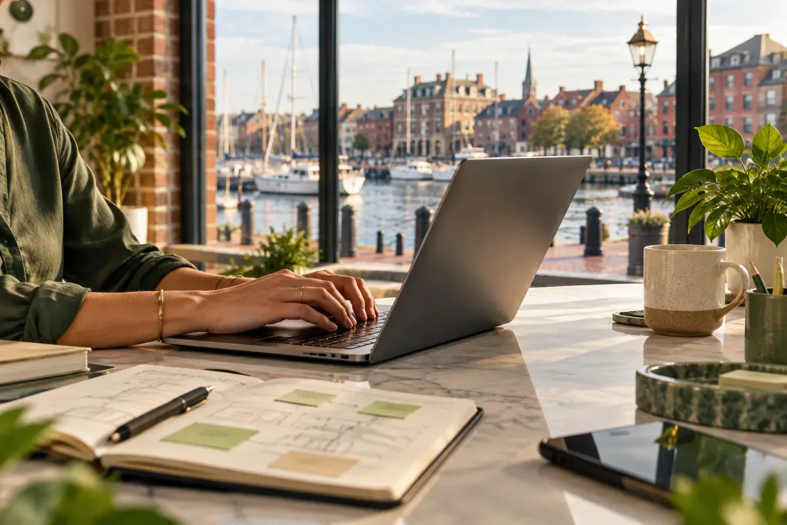 Laptop on a desk overlooking Baltimore rowhouses