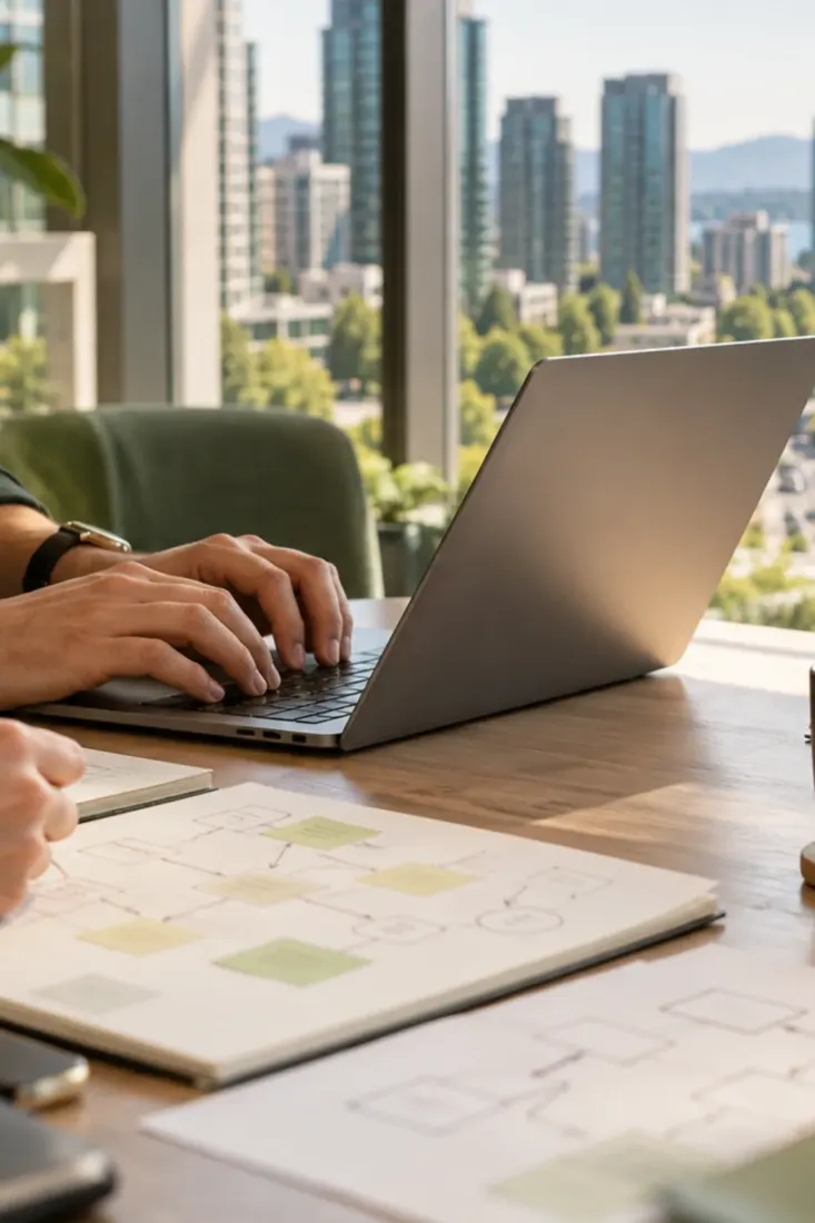 Laptop on a desk overlooking Bellevue towers