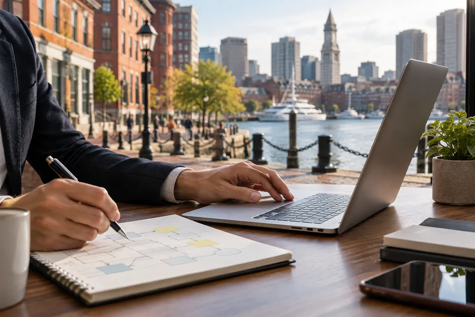 Laptop on a desk overlooking Boston Harbor