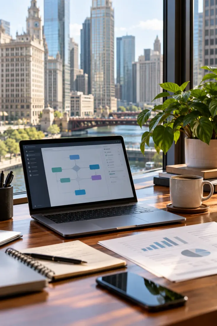 Laptop on a desk overlooking the Chicago River