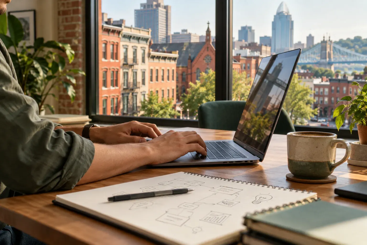 Laptop on a desk overlooking Cincinnati rowhouses