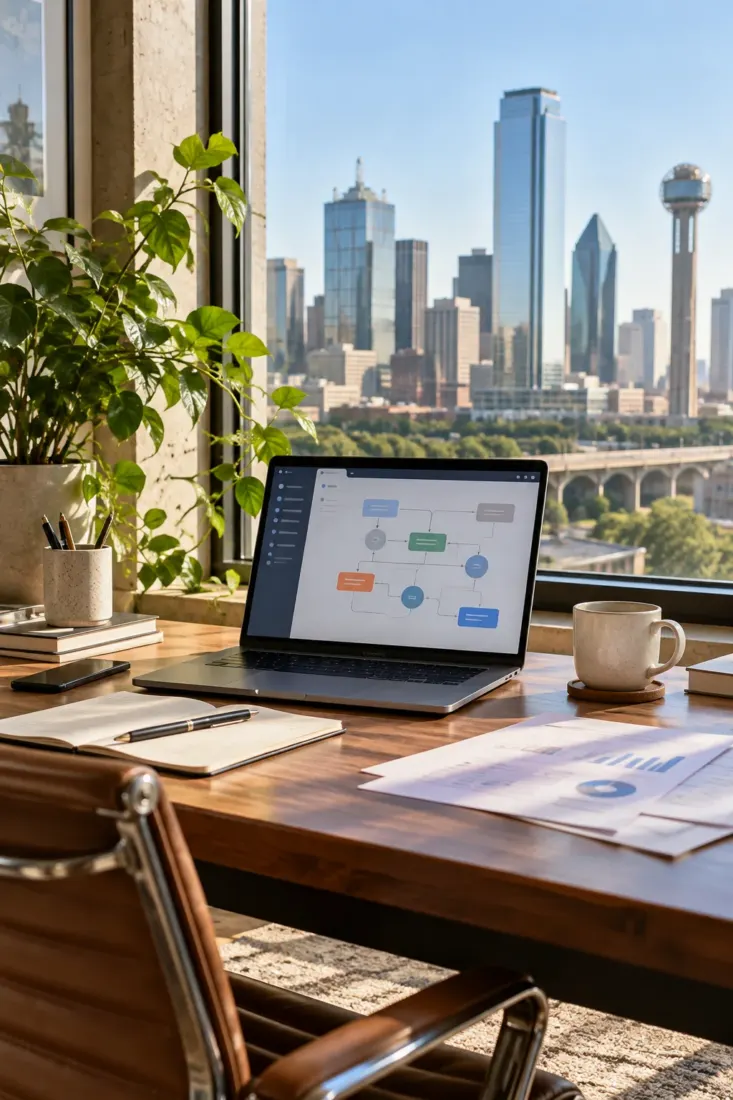 Laptop on a desk overlooking the Dallas skyline