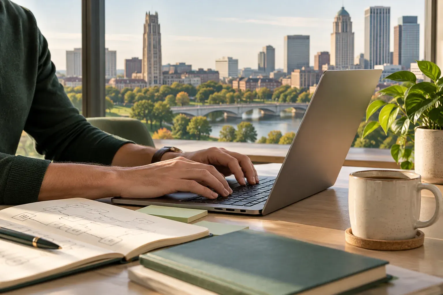 Laptop on a desk overlooking downtown Columbus