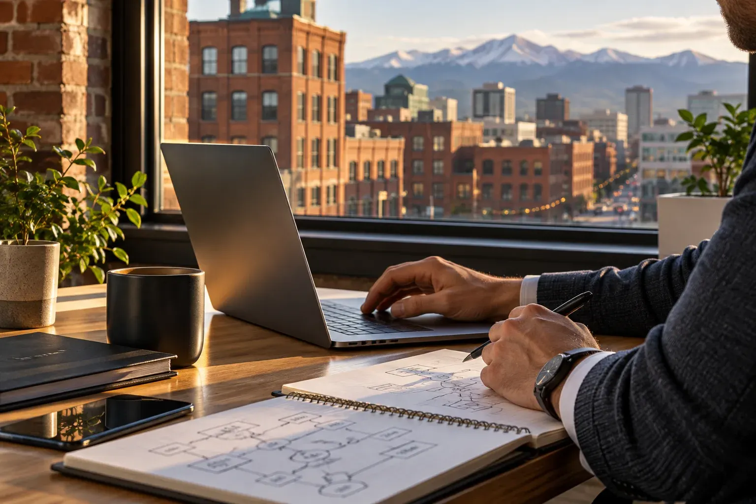Laptop on a desk overlooking downtown Denver